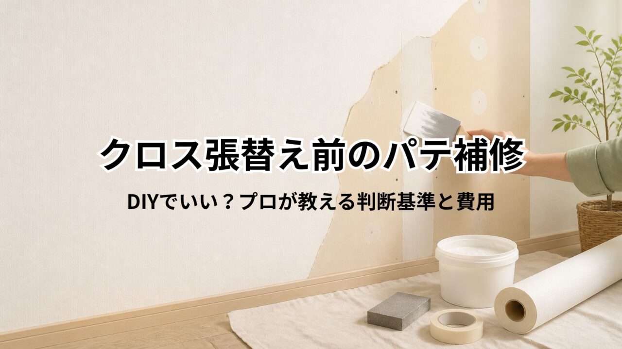 クロス張替え前に石膏ボードの継ぎ目へパテを塗って下地を整えている様子